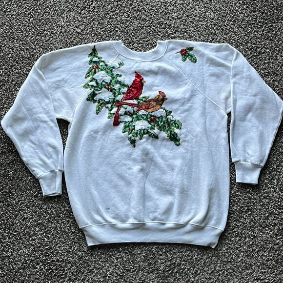 Hanes Tops - Vintage Hanes Sweater Womens XL White w/Cardinal & Christmas Tree 80s Winter